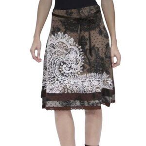 Desigual Rainbow Skirt Paisley Satin Bow Lace Trim Brown Black XS bv